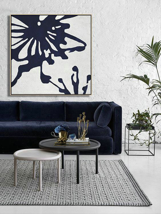 Large Abstract Art Handmade Acrylic Painting,Hand Painted Navy Minimalist Painting On Canvas,Original Art